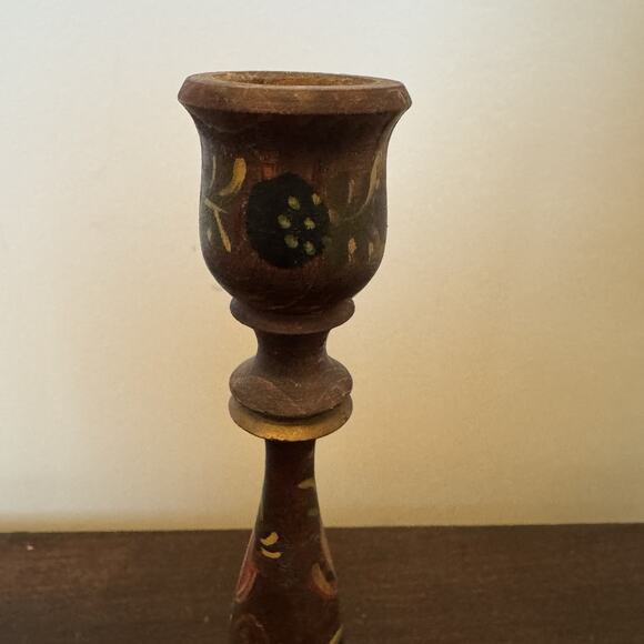 VTG Wooden Candle Stick Holder Hand Painted Floral Signed RH Primitive Folk Art - Picture 7 of 14